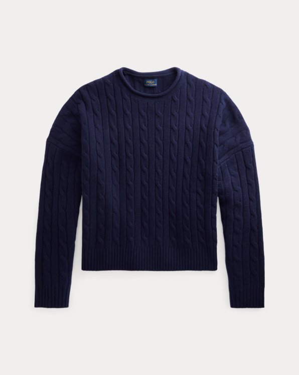 폴로 랄프로렌 우먼 꽈배기 크롭 점퍼 Polo Ralph Lauren Cable-Knit Cropped Wool-Cashmere Jumper,Bright Navy