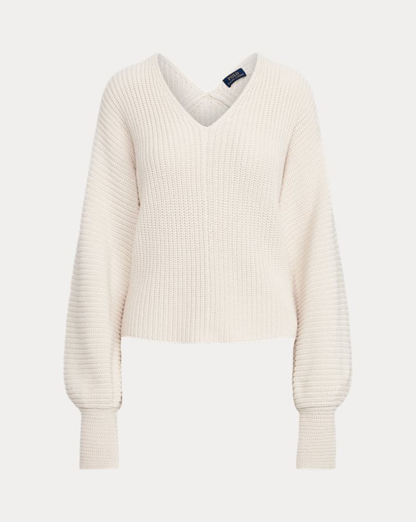 폴로 랄프로렌 우먼 골지 니트 브이넥 스웨터 Polo Ralph Lauren Rib-Knit Linen-Blend V-Neck Sweater,Cream