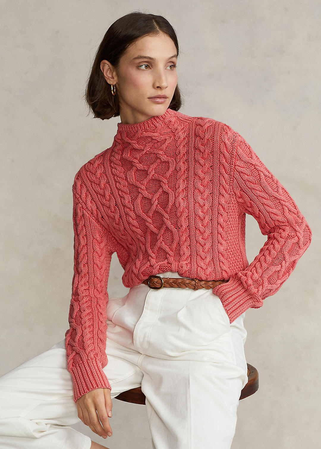 Aran Knit Cotton Turtleneck Sweater