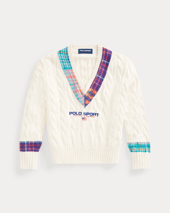 폴로 랄프로렌 우먼 크리켓 스웨터 Polo Ralph Lauren Polo Sport Plaid-Stripe Cricket Sweater,Cream Madras