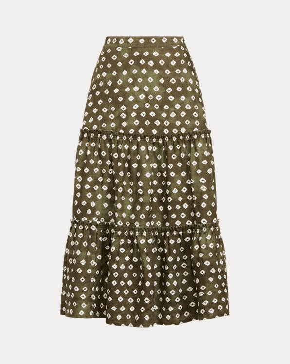 Block-Print Tiered Linen Midi Skirt
