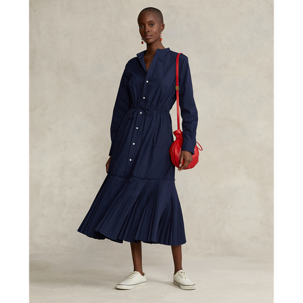 Pleated-Hem Drawstring Midi Shirtdress