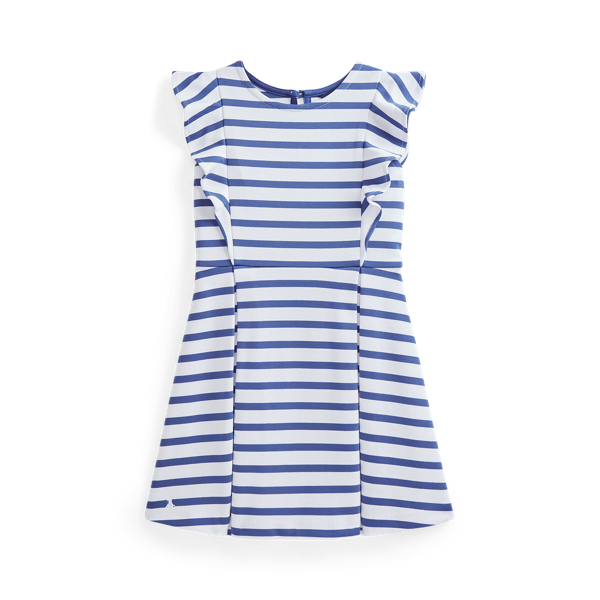 폴로 랄프로렌 Polo Ralph Lauren Striped Ruffled Ponte Dress,Liberty Blue/White