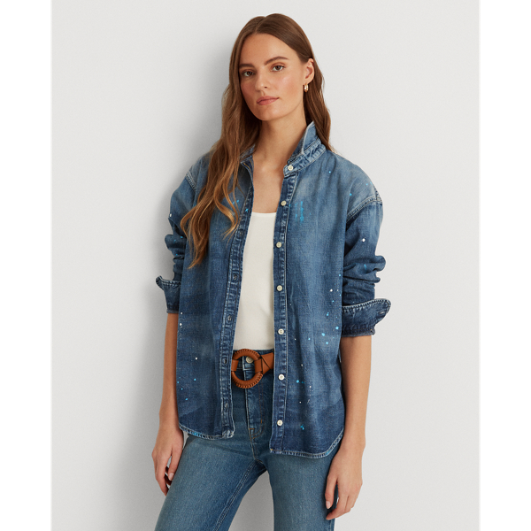Lauren Petite Paint-Splatter Denim Shirt 1