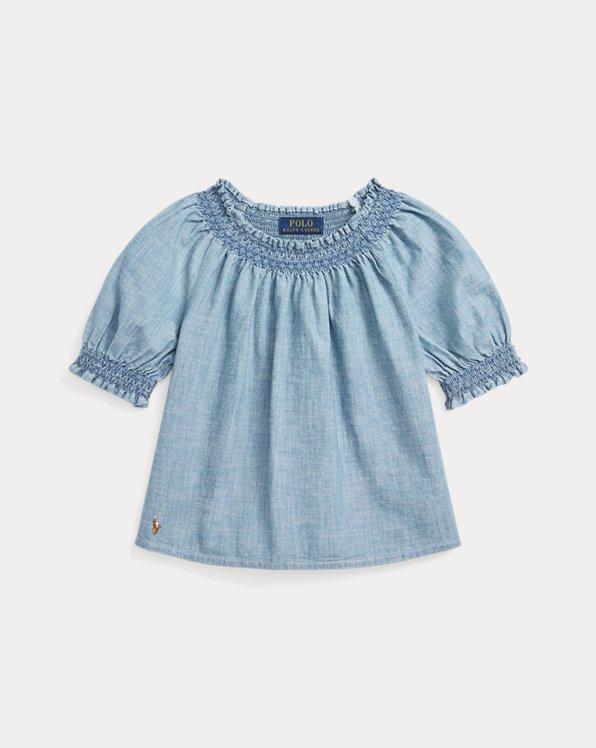 Gesmokte cropped chambray top