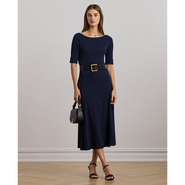 This fit-and-flare midi dress features a flattering boatneck and is crafted with soft, stretch-infused cotton, making it an effortless choice for everyday style.
