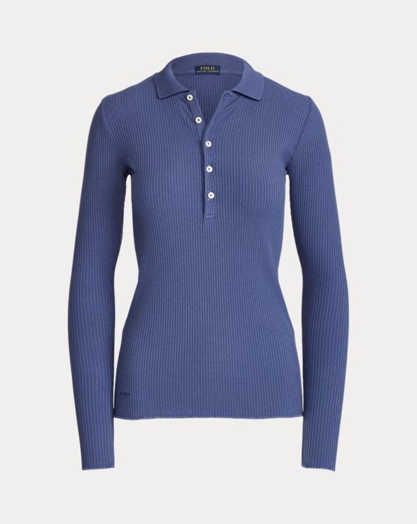Rib-knit Long-Sleeve Polo Shirt