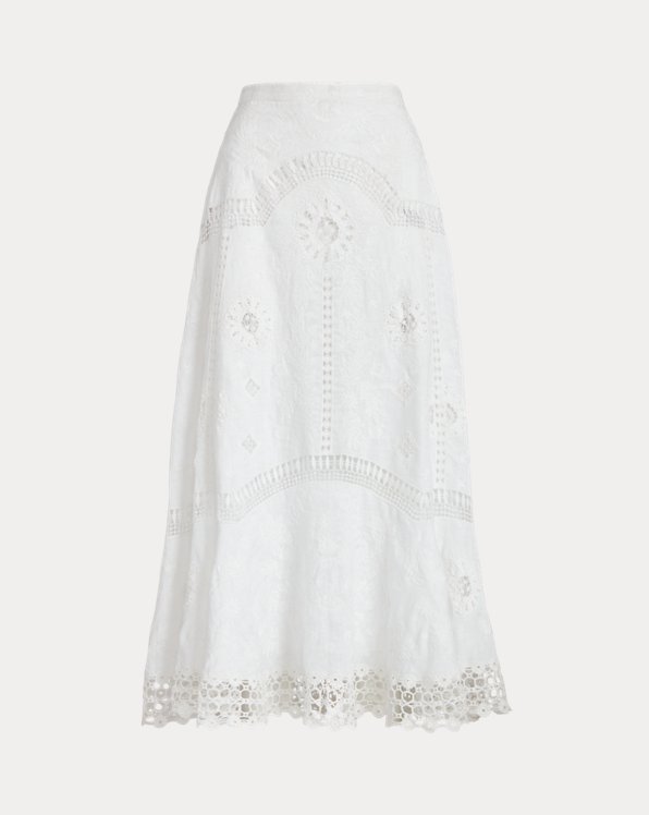 Inset-Lace Linen A-Line Midi Skirt