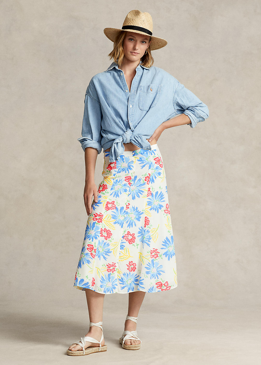 Floral Crepe Button-Front Midi Skirt