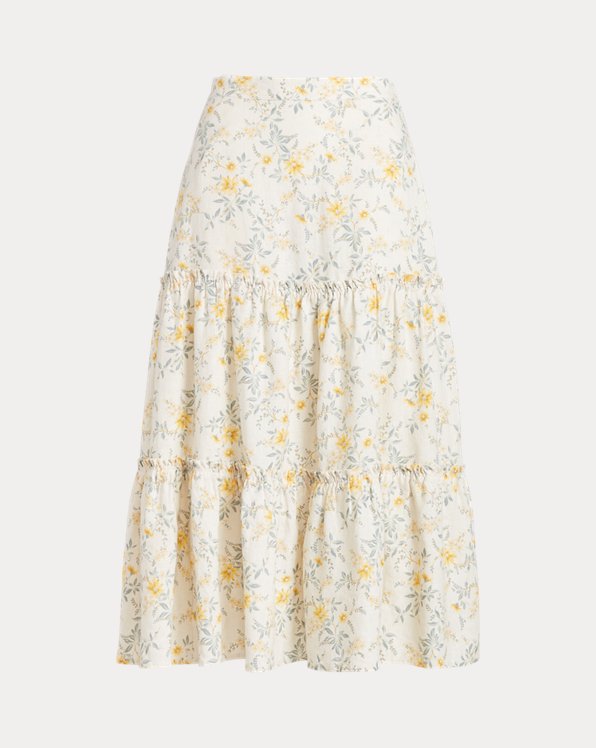 Floral Two-Tiered Linen Midi Skirt