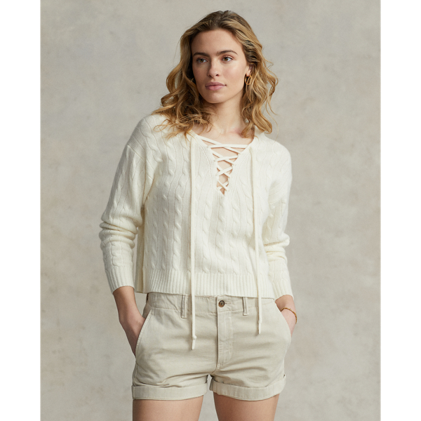 Lace Up Cable Knit Cashmere Sweater