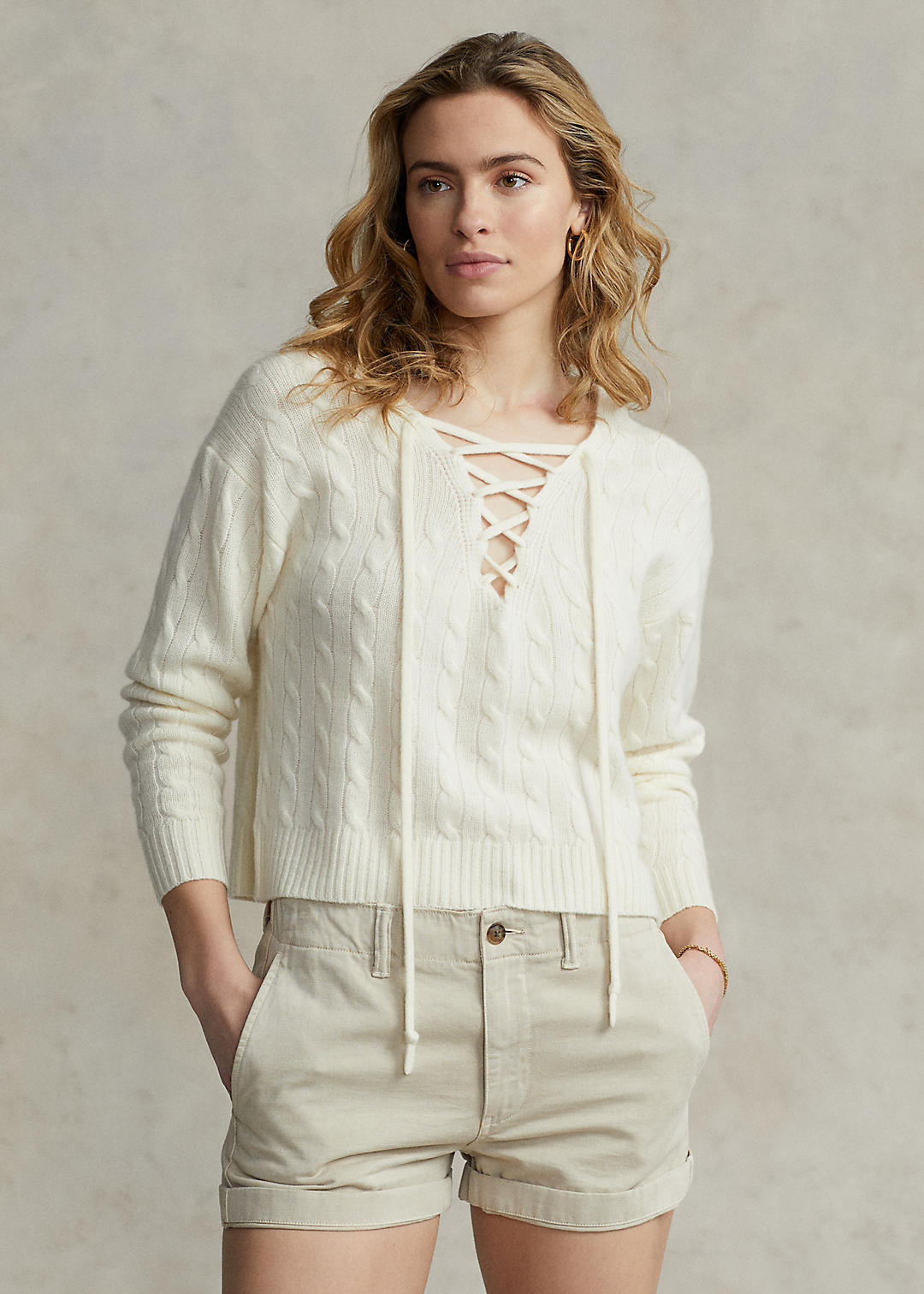 Lace Up Cable Knit Cashmere Sweater
