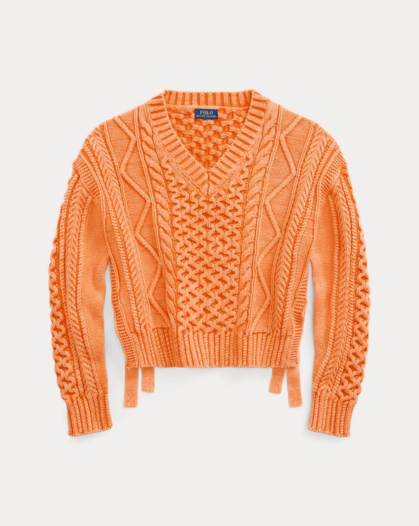 폴로 랄프로렌 우먼 아란 니트 점퍼 Polo Ralph Lauren Aran-Knit Cotton V-Neck Jumper,Washed May Orange