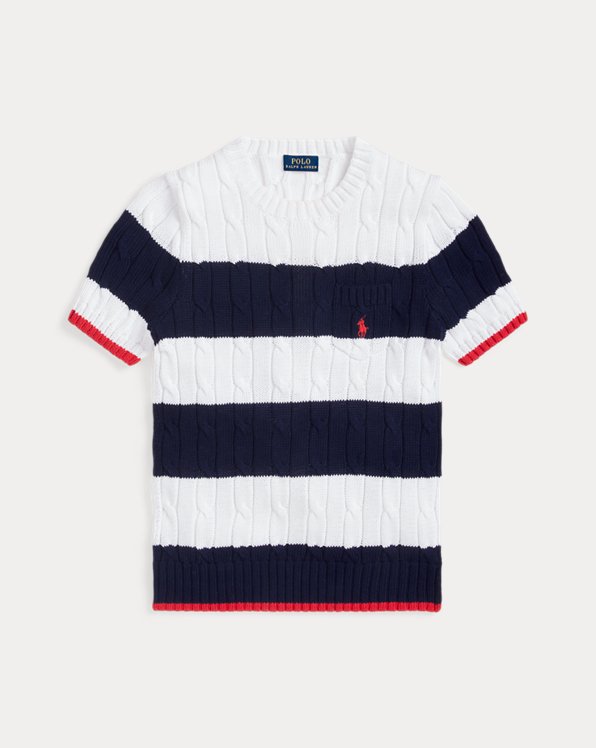 Striped Cable-Knit Short-Sleeve Jumper