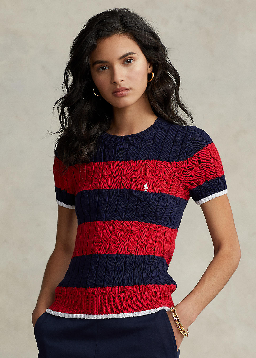 Striped Cable-Knit Short-Sleeve Sweater