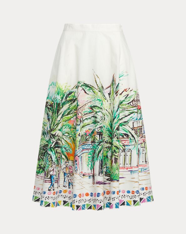 French Quarter-Motif Poplin Midi Skirt