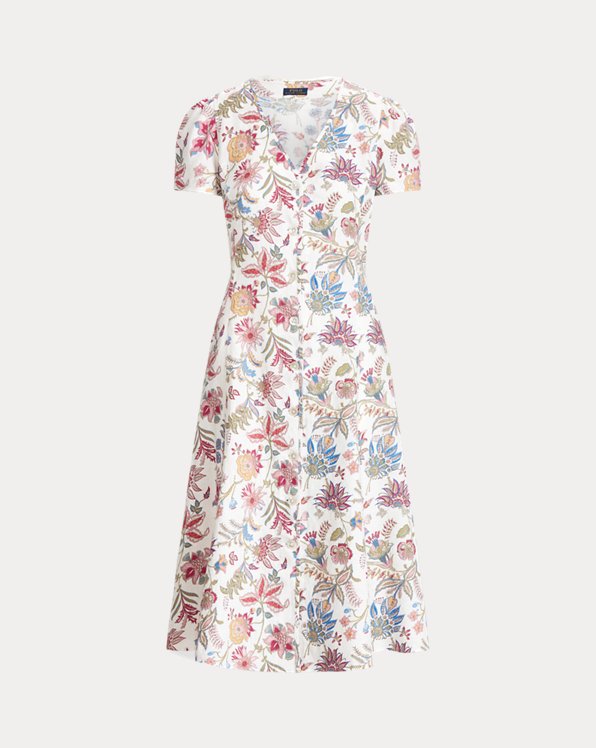 Floral Linen V-Neck Midi Dress