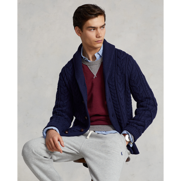 Aran-Knit Wool-Cashmere Shawl Cardigan