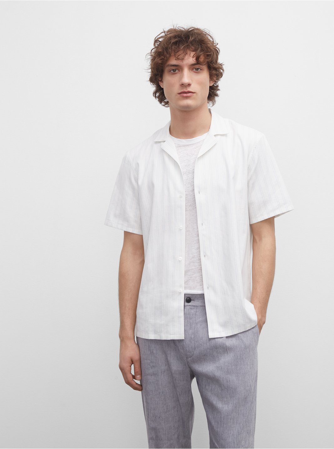 클럽 모나코 셔츠 Club Monaco Short Sleeve Thin Stripe Linen Shirt,White