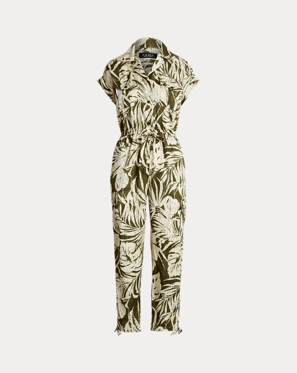 Palm Leaf-Print Twill Jumpsuit