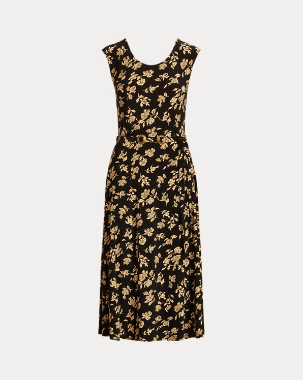 Floral Belted Jersey Cap-Sleeve Dress