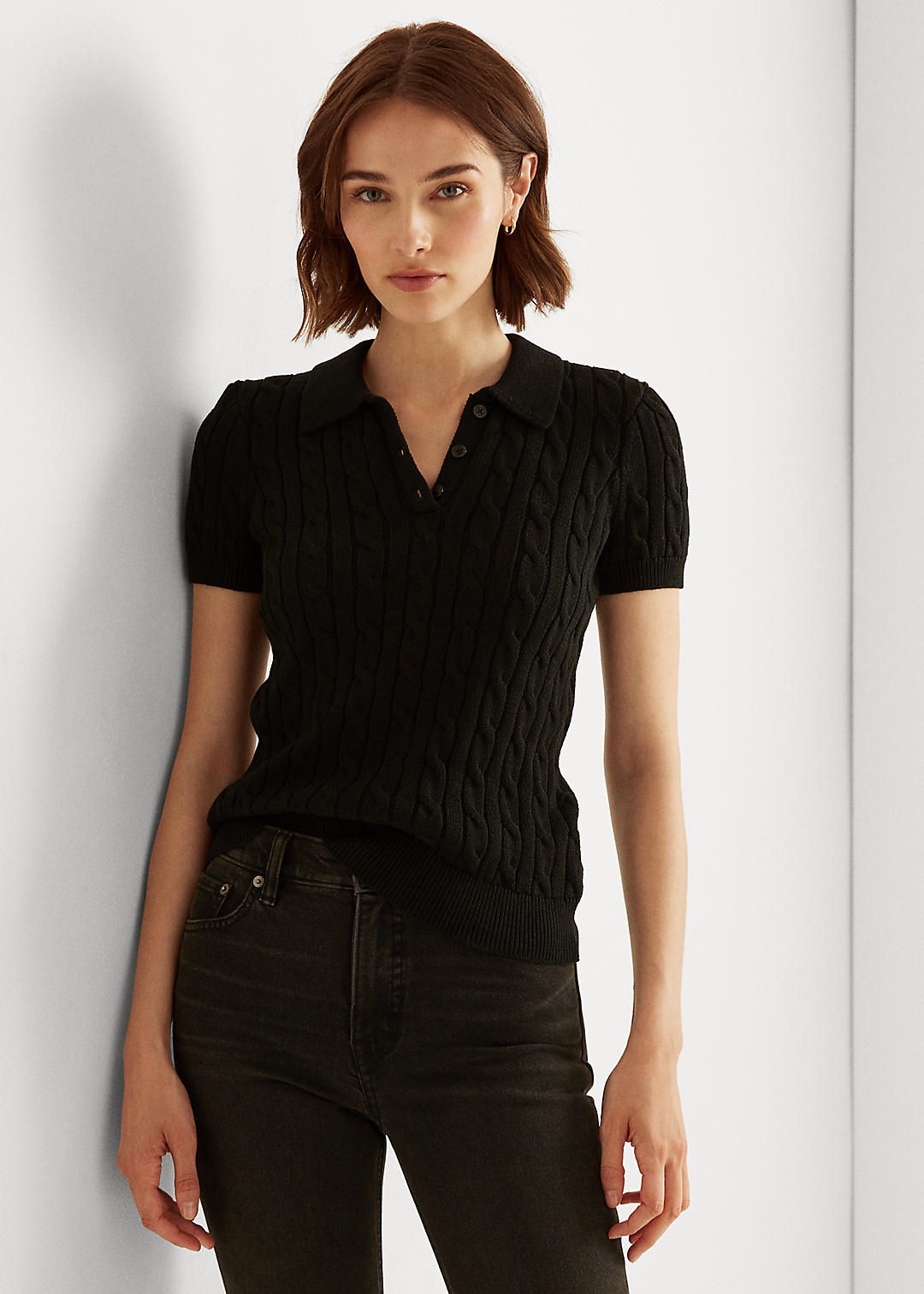 Cable-Knit Cotton Polo Sweater
