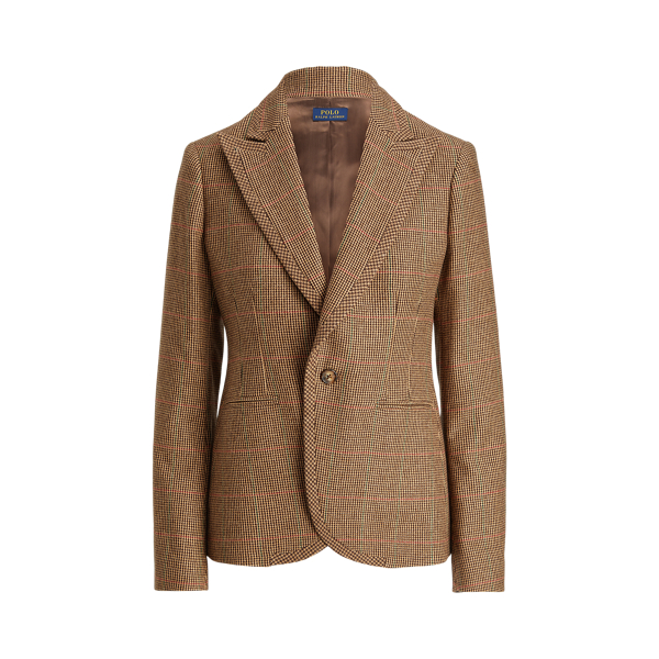 Houndstooth-Trim Plaid Tweed Blazer