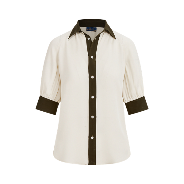 Two-Tone Georgette Puff-Sleeve Blouse