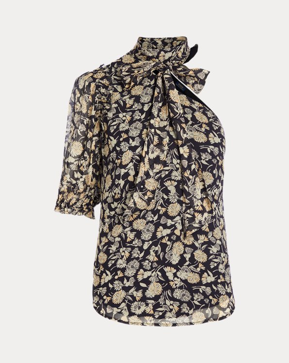 Gebloemde georgette one-shoulder blouse