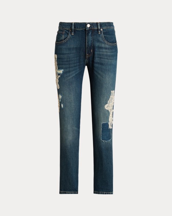 Ruimvallende toelopende patchwork jeans