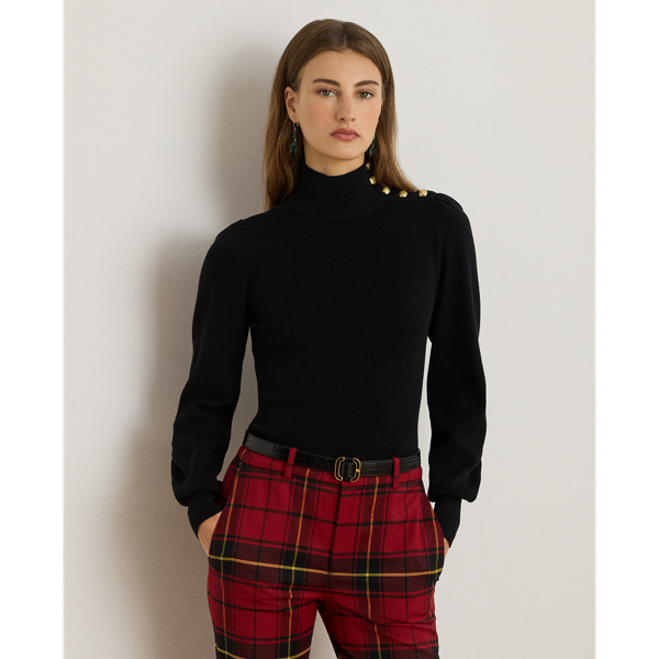Crest-embossed buttons and puffed long sleeves enhance the elegance of this rib-knit mockneck jumper, which is rendered in a cotton blend for a soft hand.