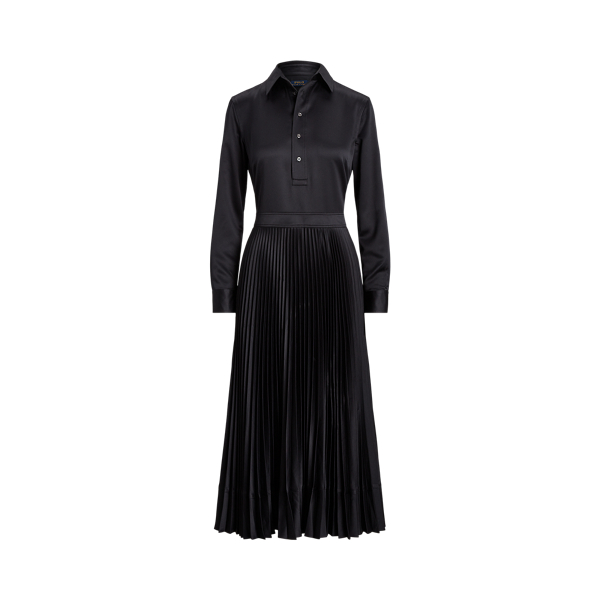 Polo Ralph Lauren Pleated-skirt Charmeuse Midi Shirtdress in Black Womens Clothing Dresses Casual and day dresses 