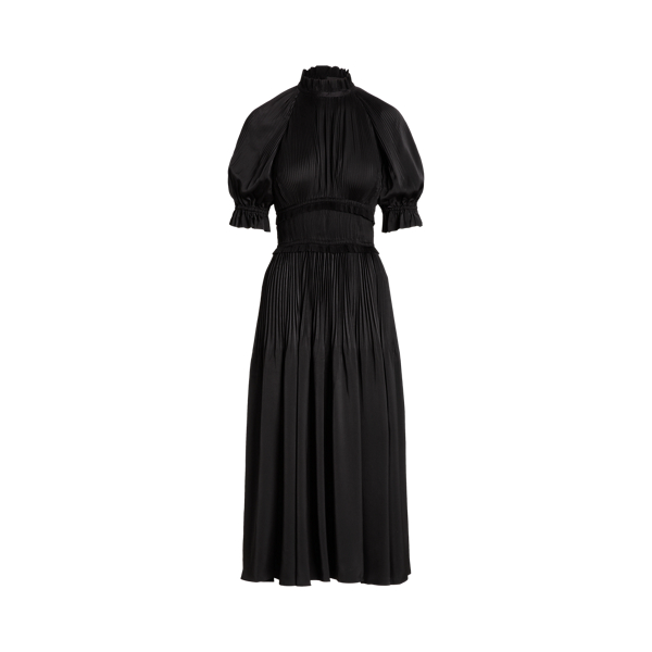 Pleated Satin High-Neck Midi Dress