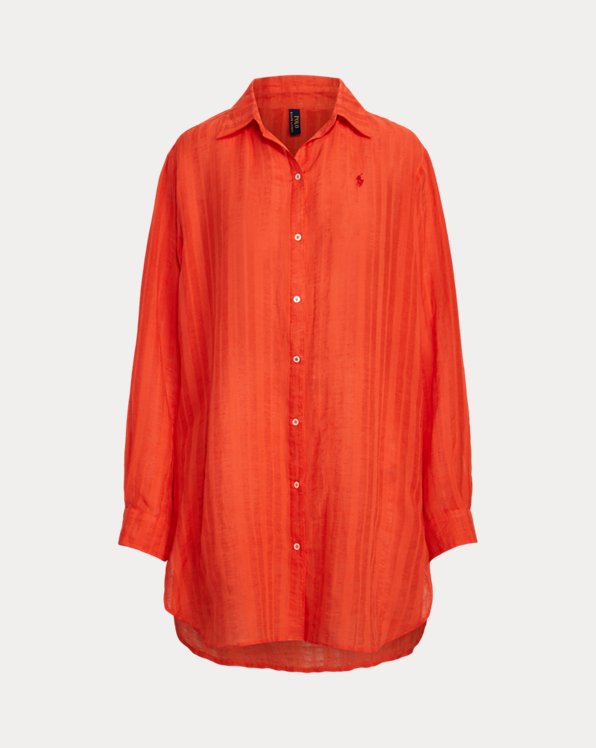 Tonal-Stripe Cotton-Linen Shirt Cover-Up
