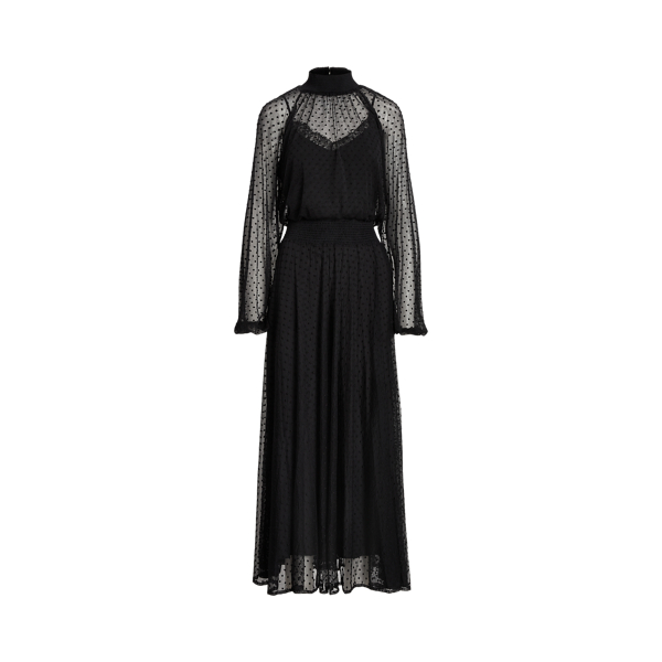Vestido de tule gola alta às bolinhas