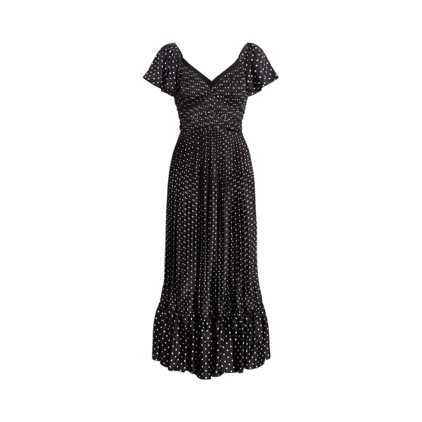 Vestido comprido em cetim às bolinhas