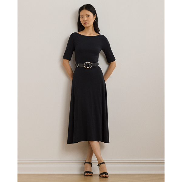 This fit-and-flare midi dress features a flattering boatneck and is crafted with soft, stretch-infused cotton, making it an effortless choice for everyday style.