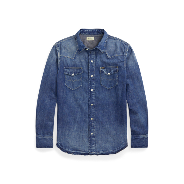 Frayed-Hem Denim Western Shirt