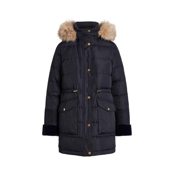 Rei Genuine Fur Trim Hooded Down Coat in Navy