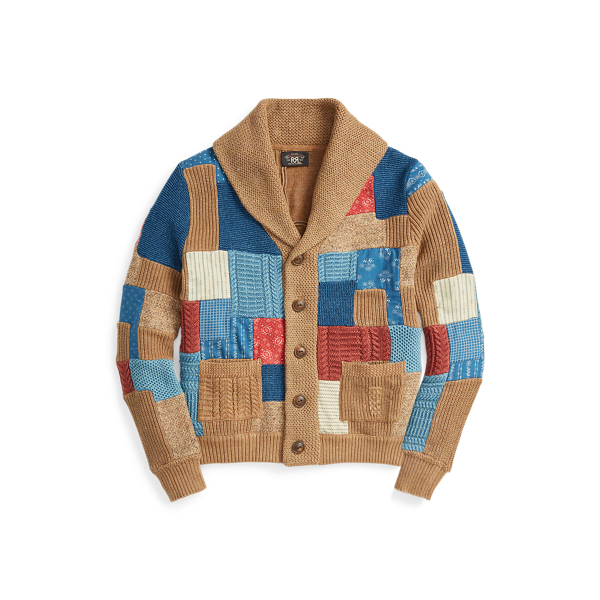 Cardigan col châle patchwork indigo