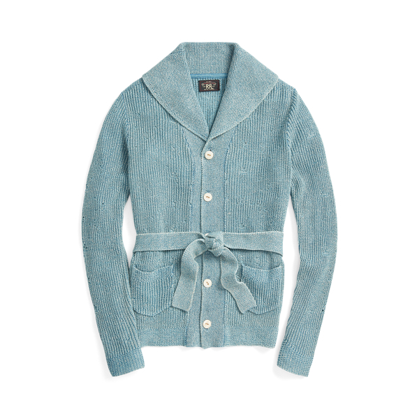 Cardigan ceinturé indigo en coton et lin