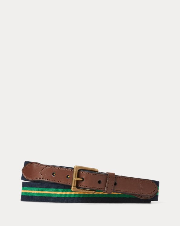 Leather-Trim Striped Belt
