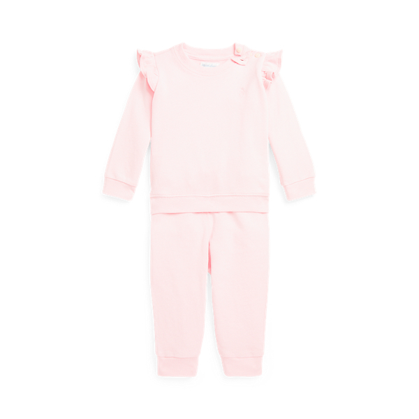 Conjunto camisola/calças terry e folhos