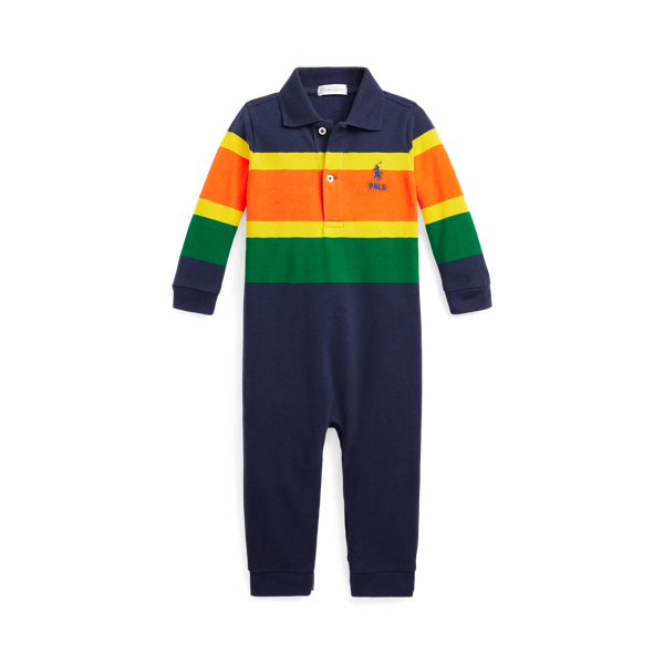 Striped Cotton Mesh Polo Coverall