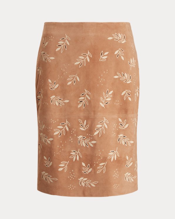 Embroidered Suede Pencil Skirt