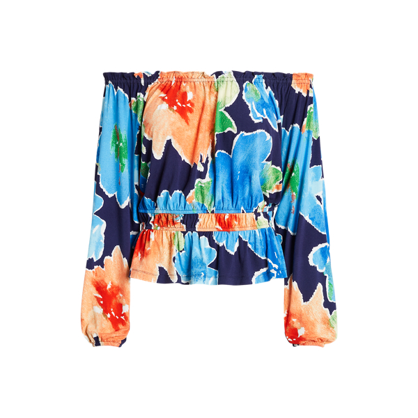 Top em malha sem ombros floral
