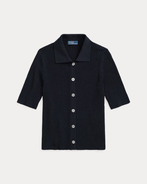Rib-Knit Short-Sleeve Polo Cardigan