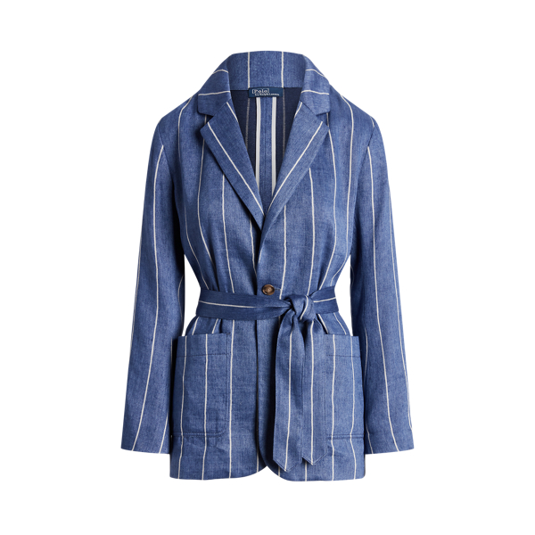 Blazer rayé ceinturé en lin et coton