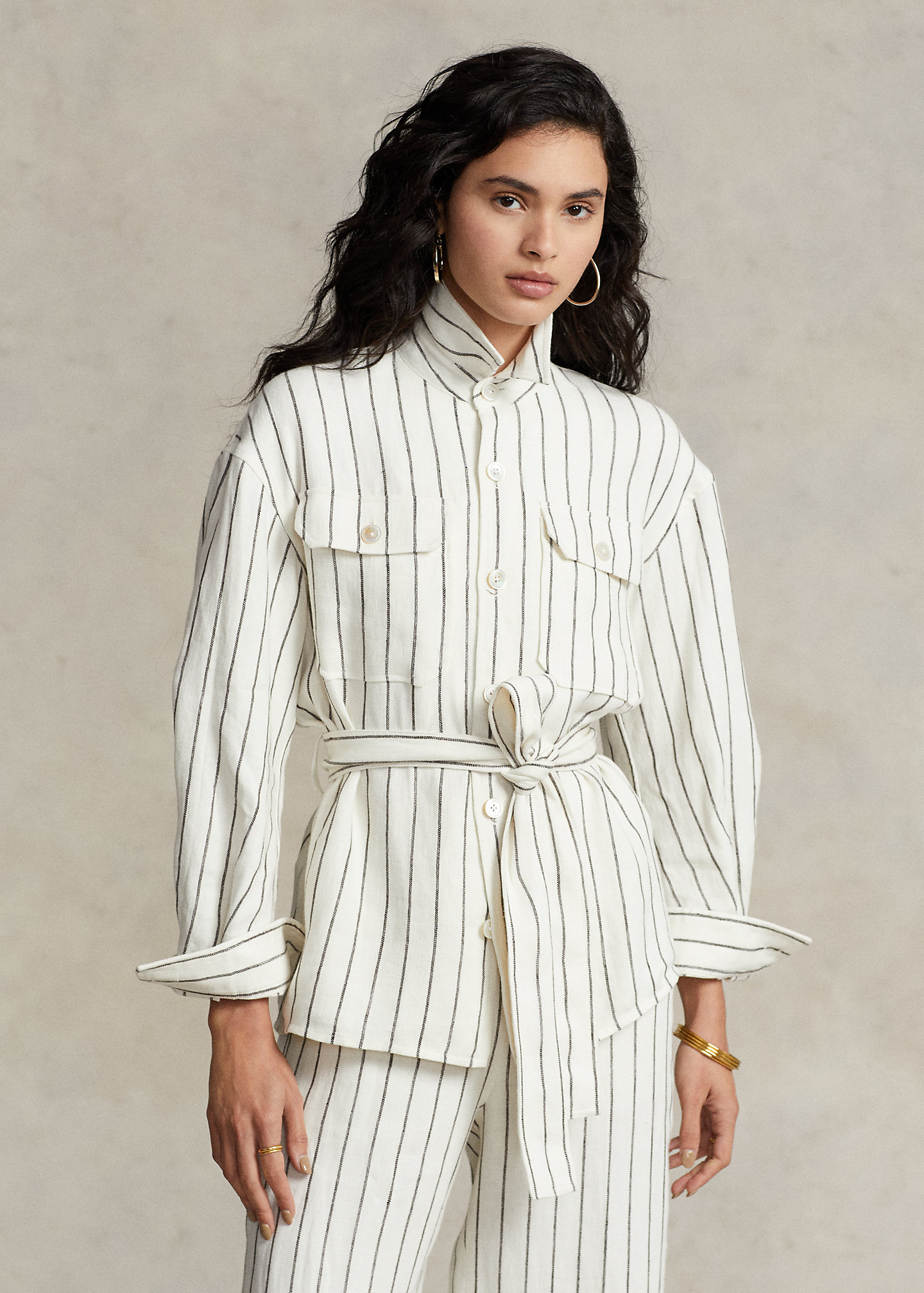 Belted Striped Linen Utility Shirt