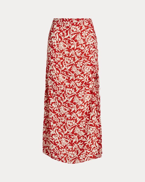 Floral Ruched Tie-Detail Crepe Skirt